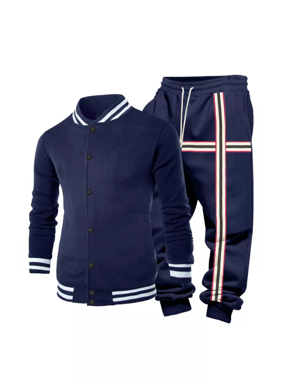 Navy blue men's tracksuit set with striped details on collar, cuffs, and pant legs.