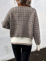 Geometric knit cardigan in caramel with houndstooth pattern and ribbed trim.
