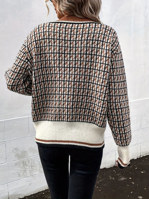 Geometric knit cardigan in caramel with houndstooth pattern and ribbed trim.