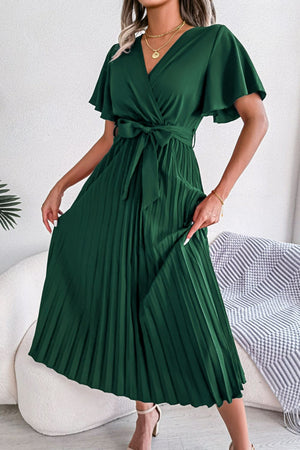 Green wrap bodice midi dress with flutter sleeves and pleated skirt.
