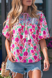 Floral Print Short Sleeve Tassel Tie Blouse in Fuchsia Pink, front view