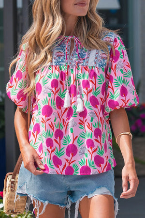 Floral Print Short Sleeve Tassel Tie Blouse in Fuchsia Pink, front view