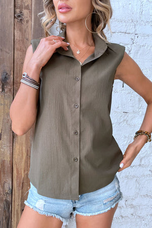 Olive brown textured sleeveless button-down shirt with shoulder pads