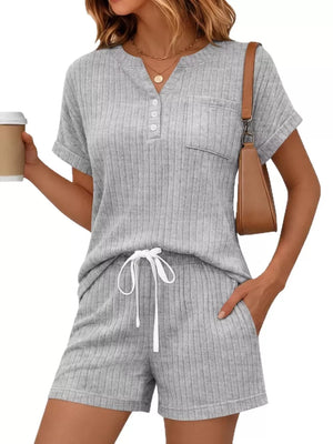 Light Gray ribbed knit loungewear set with henley neckline top and drawstring shorts.