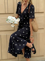 Navy blue daisy print midi dress with tie-front and short sleeves.