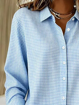 Plus Size Plaid Button Up Long Sleeve Shirt, model styling view