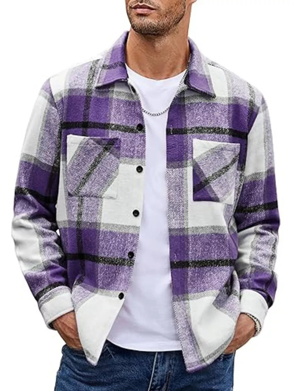 Purple plaid button-up shirt with pockets, cotton, casual style