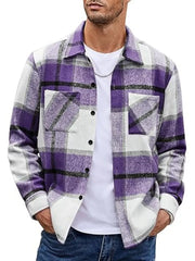 Purple plaid button-up shirt with pockets, cotton, casual style