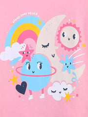 Sleepover Squad graphic t-shirt in blush pink with moon, sun, planet, stars, and rainbow.