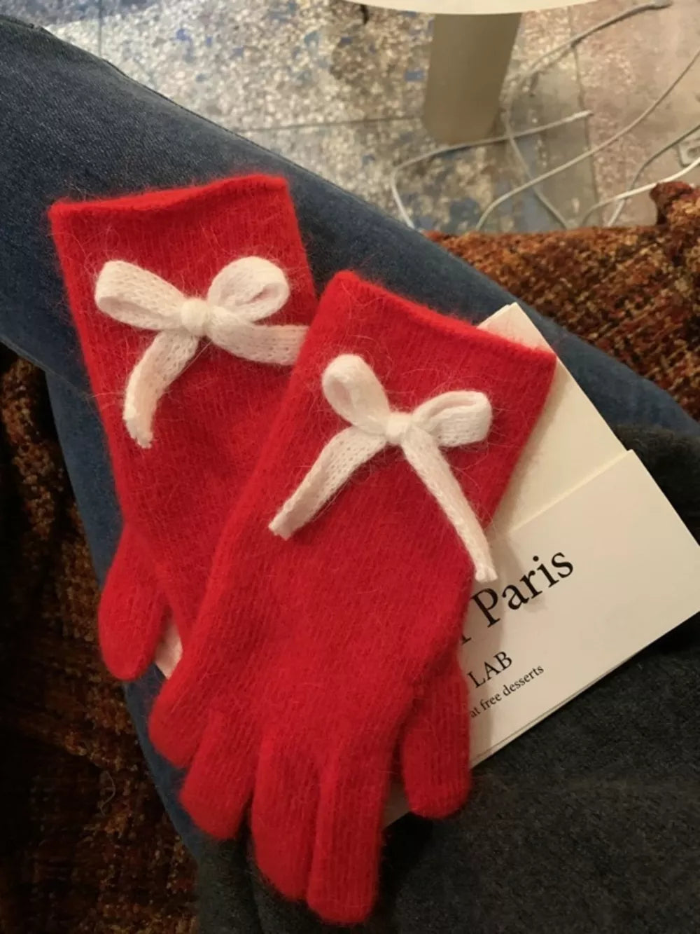 Christmas Red rabbit fur gloves with white bows