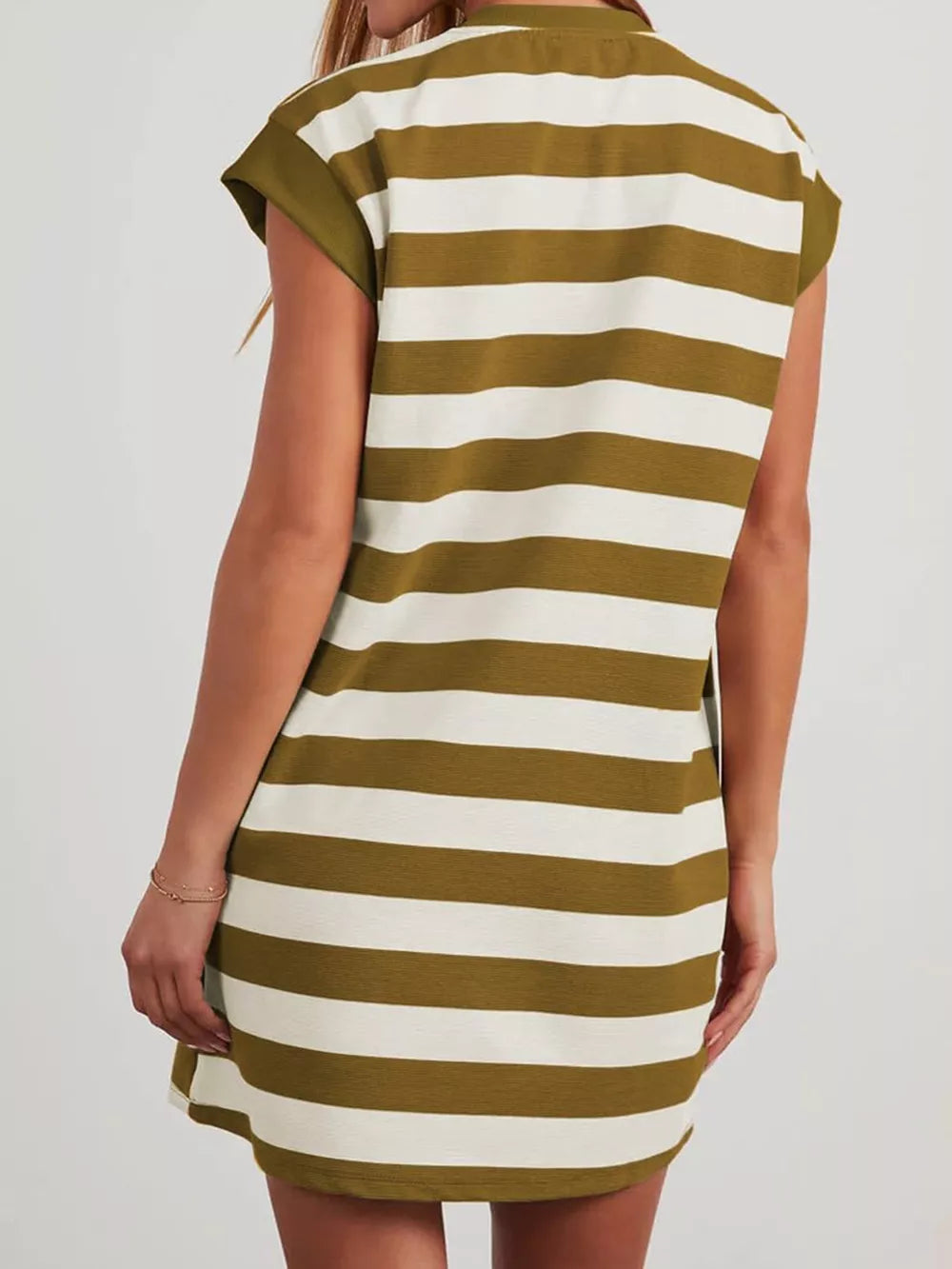 Striped mini dress with cap sleeves in Khaki Color and white, casual comfortable fit.