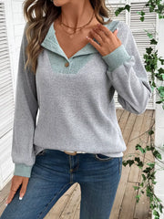 Gray ribbed maternity shirt with two-tone collar and button detail
