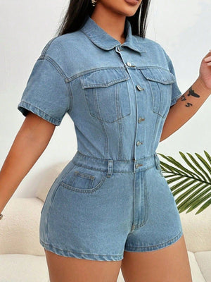 Light wash denim bustier romper with collared neckline, short sleeves, button front, and shorts