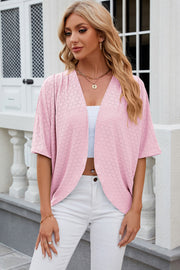 Blush pink open-front crochet kimono top with short sleeves and a relaxed fit.