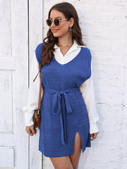 Royal blue knit vest dress with V-neck, tie waist, and side slit.