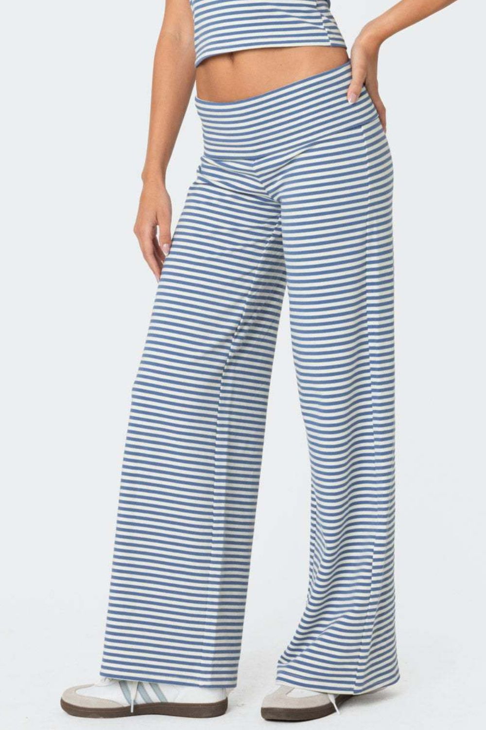 Coastal Stripe Palazzo Pants in light blue and white stripe, wide leg, high waist