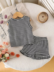 Children S Striped Tank And Shorts Set in Black, fabric detail