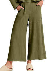 Army green two-piece set with ruffled hem and wide-leg pants featuring pockets.