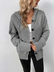 Gray knit button-front hooded cardigan with drawstring and ribbed cuffs and hem.