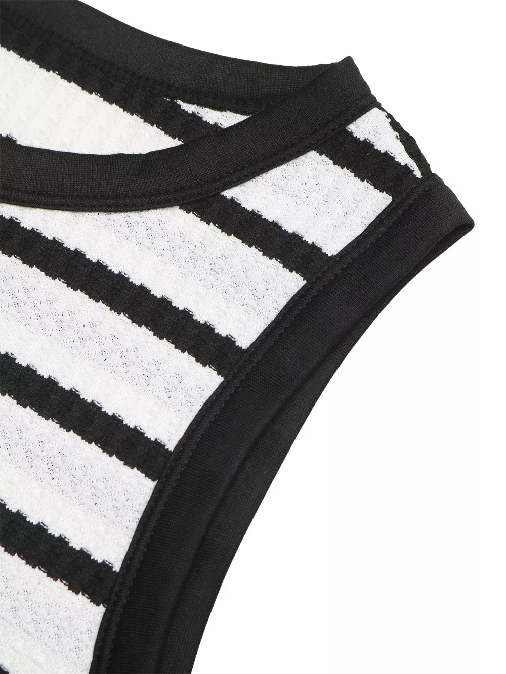 Sleek black and white striped bodycon midi dress with a textured knit and black trim detail.