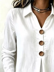 Button Detail Long Sleeve Blouse in Light Blue, model styling view