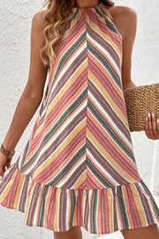 Chevron stripe halterneck dress with ruffle hem in multicolor.