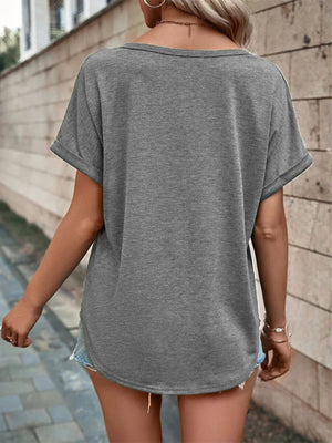 Grey short sleeve t-shirt with V-neck and cuffed sleeves.