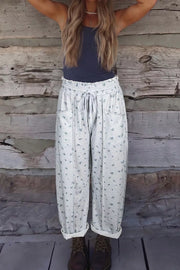 Floral Print Elastic Waist Regular Fit Pants in Light Gray, close-up detail