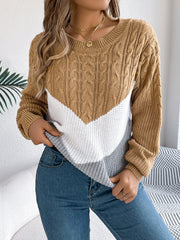 Chevron cable knit sweater in camel, white, and grey with crew neck.