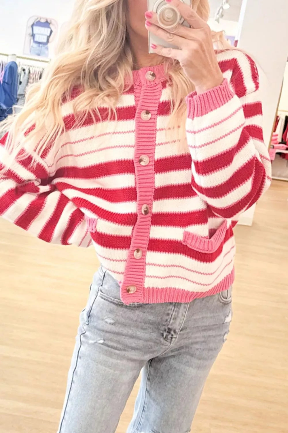 Stripe V Neck Long Sleeve Cardigan in Strawberry, close-up detail