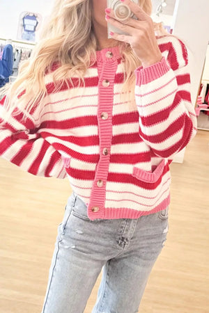 Stripe V Neck Long Sleeve Cardigan in Strawberry, close-up detail