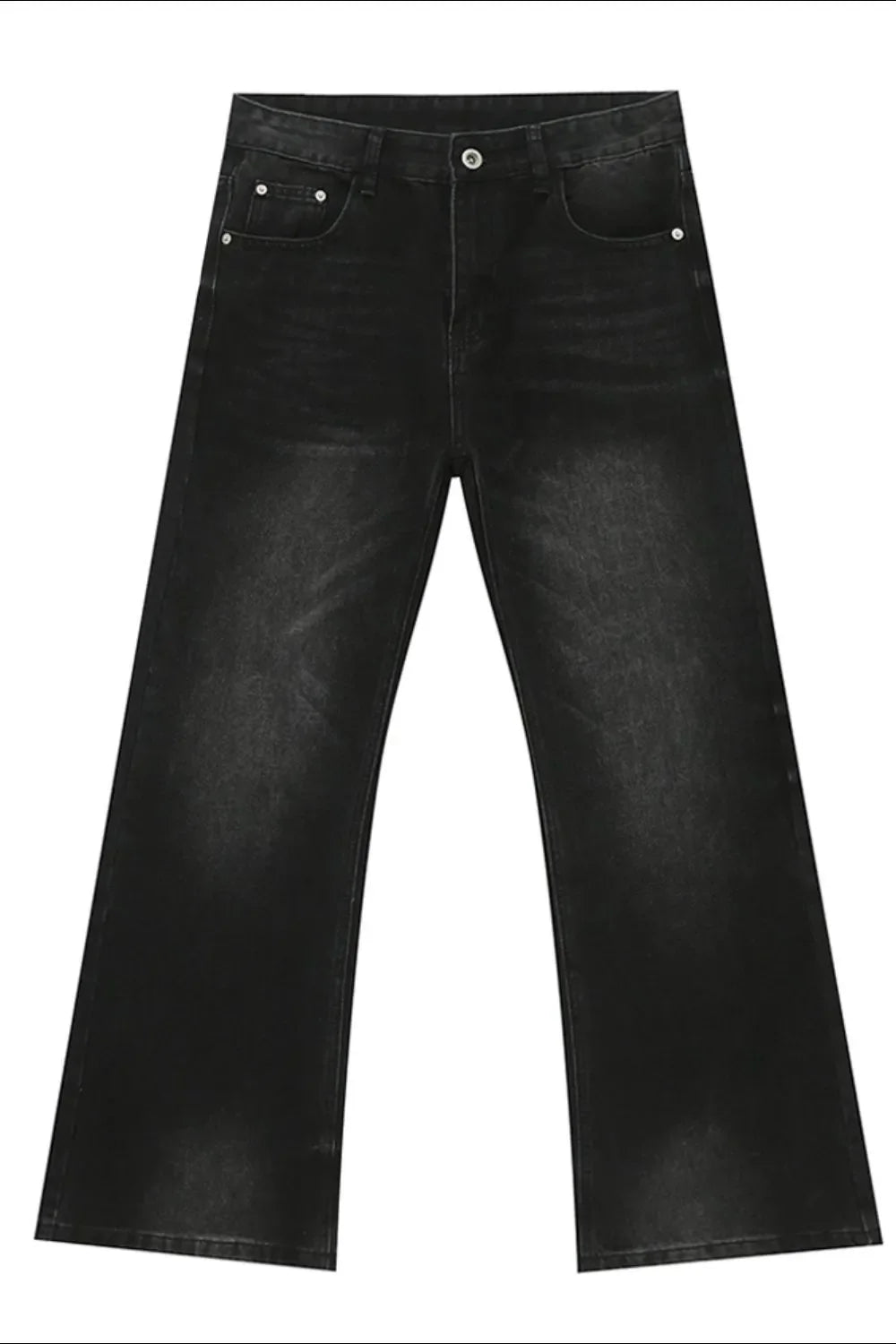 Black wide leg denim bell bottom jeans with a faded wash