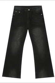 Black wide leg denim bell bottom jeans with a faded wash