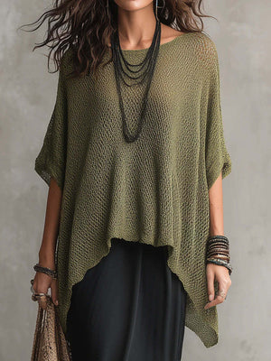 Loose Knit Round Neck Plus Size Top in White, alternate angle