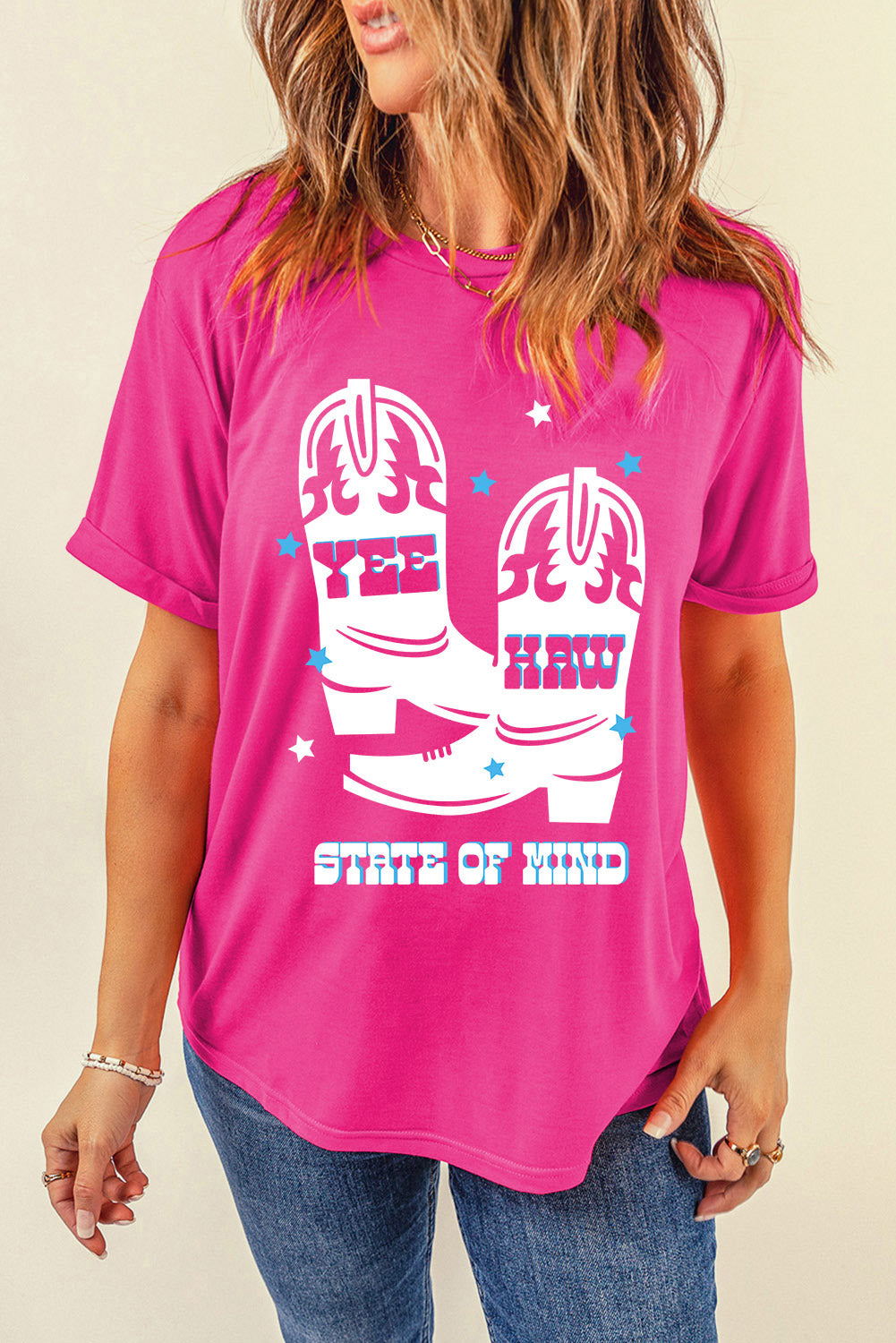 Hot Pink graphic tee with cowboy boots and "Yee Haw State of Mind" text.