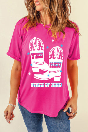 Hot Pink graphic tee with cowboy boots and "Yee Haw State of Mind" text.