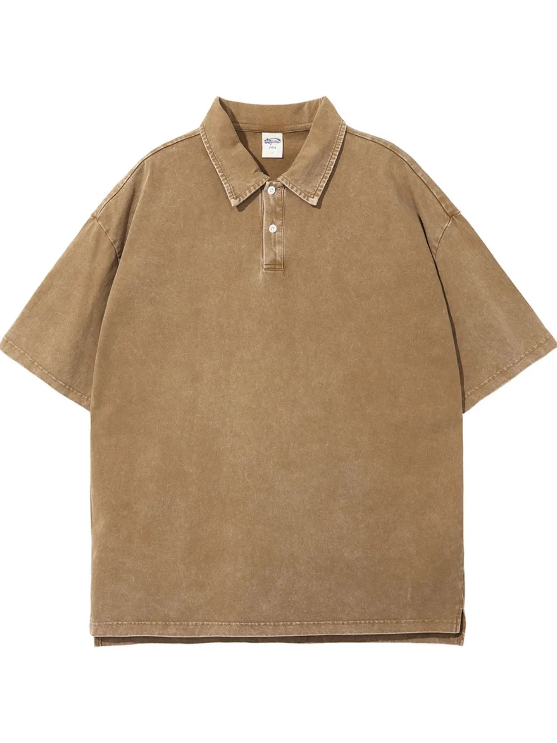 Oversized washed polo shirt in camel with a distressed finish and two-button placket.