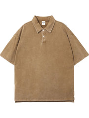 Oversized washed polo shirt in camel with a distressed finish and two-button placket.