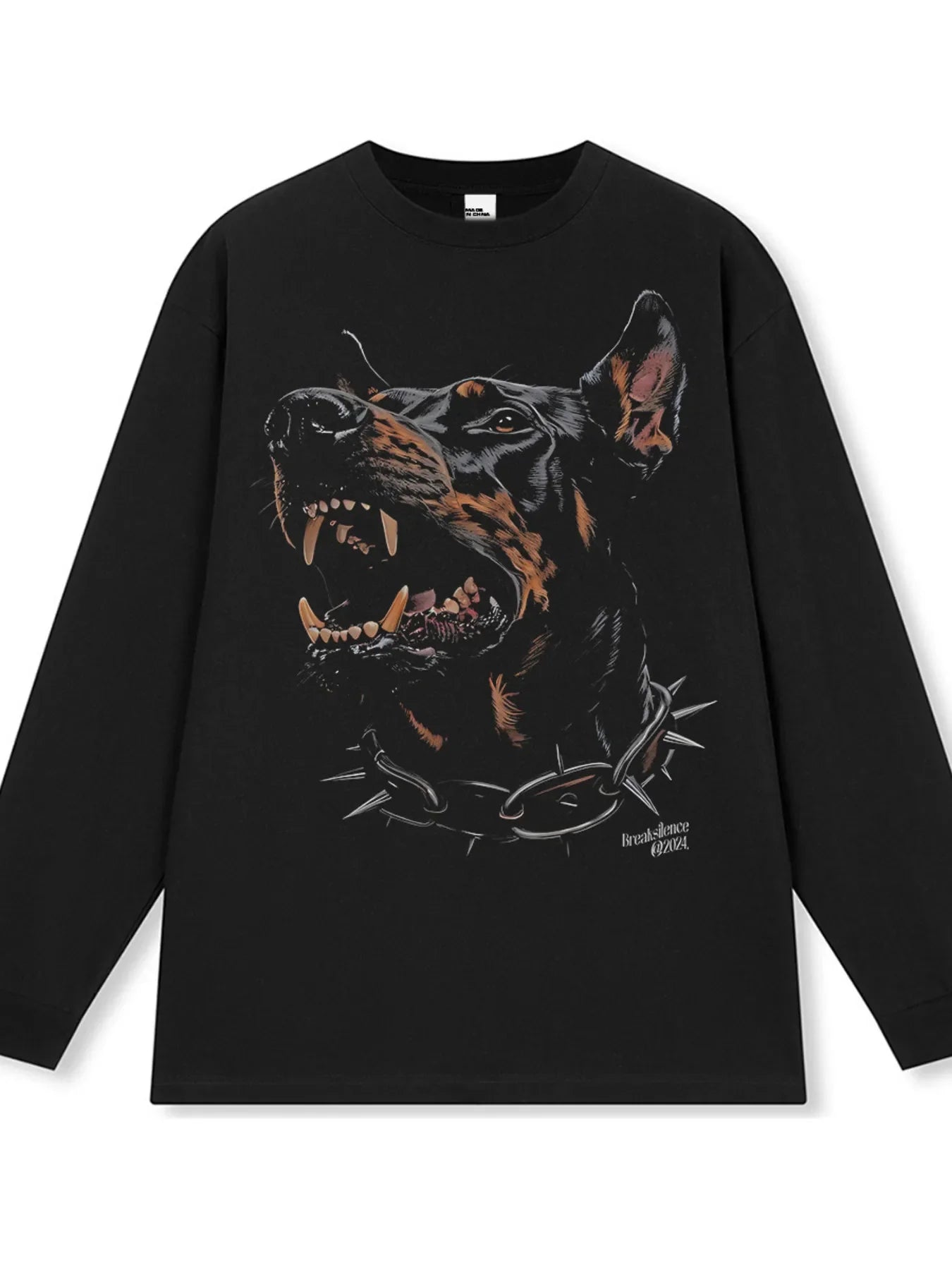 Men's black long-sleeve graphic tee with snarling Doberman and spiked collar print.