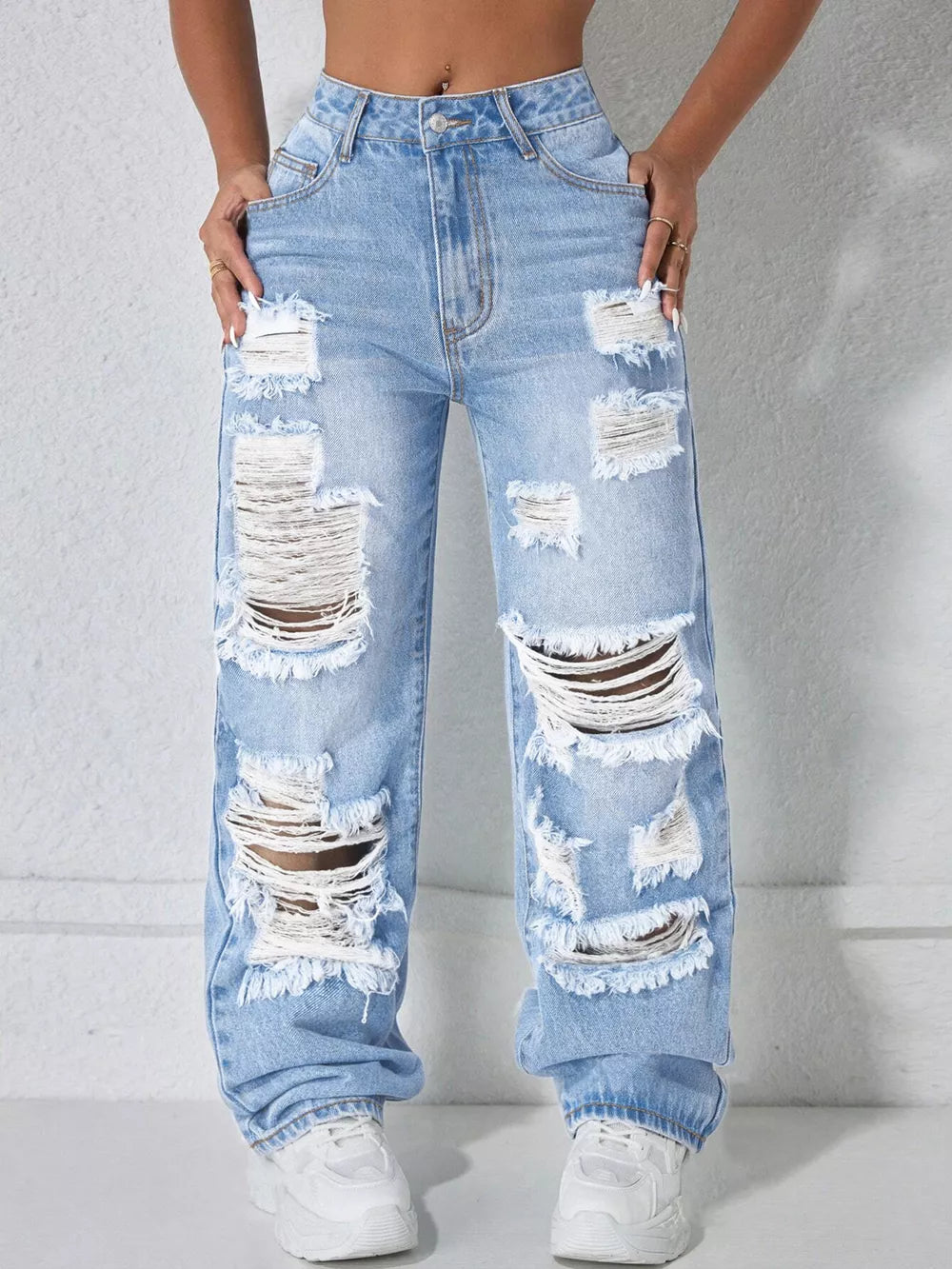 Distressed Wide Leg Jeans in Light Blue, back view