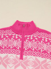 Festive Fair Isle quarter zip knit top in pink with a geometric pattern.