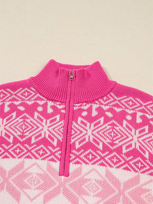 Festive Fair Isle quarter zip knit top in pink with a geometric pattern.
