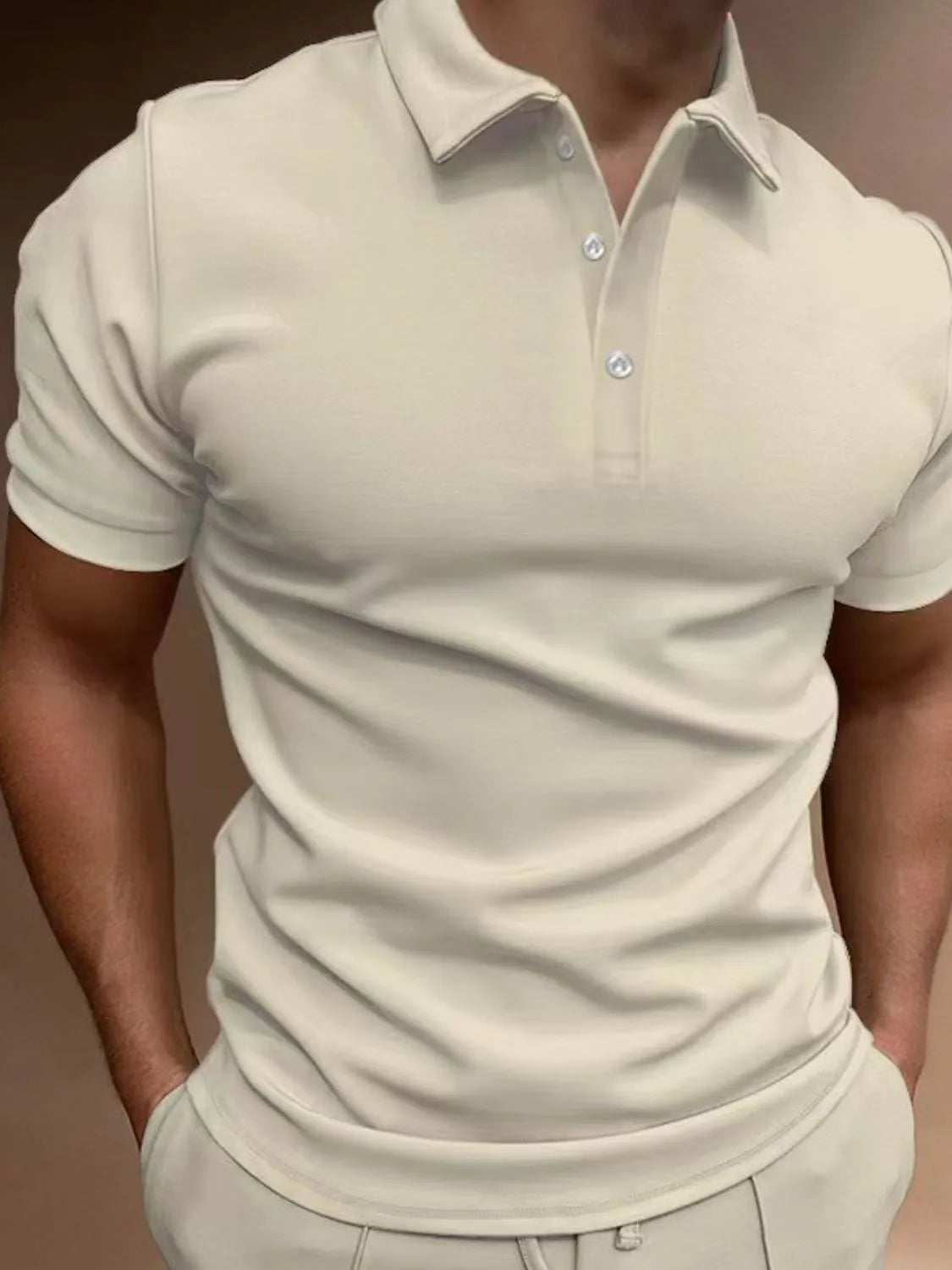 Beige short sleeve polo shirt with button placket and athletic fit