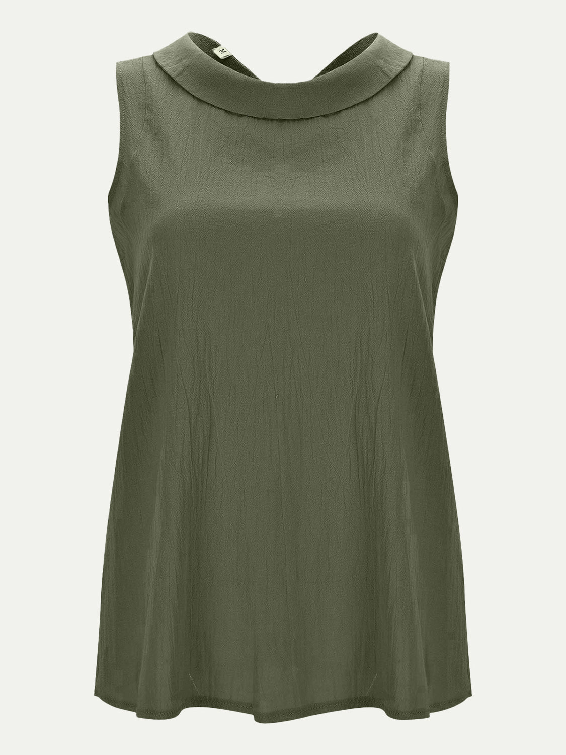 Moss green sleeveless blouse with Peter Pan collar and textured fabric.