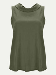 Moss green sleeveless blouse with Peter Pan collar and textured fabric.