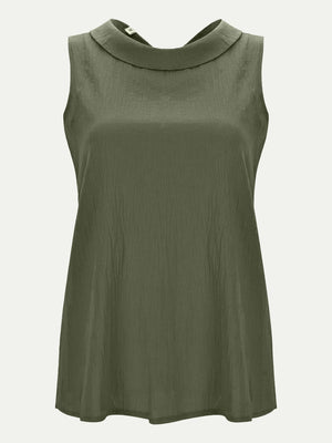 Moss green sleeveless blouse with Peter Pan collar and textured fabric.