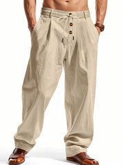 Men's light khaki loose fit drawstring pants with button detail