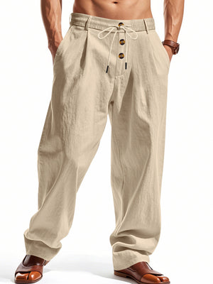 Men's light khaki loose fit drawstring pants with button detail
