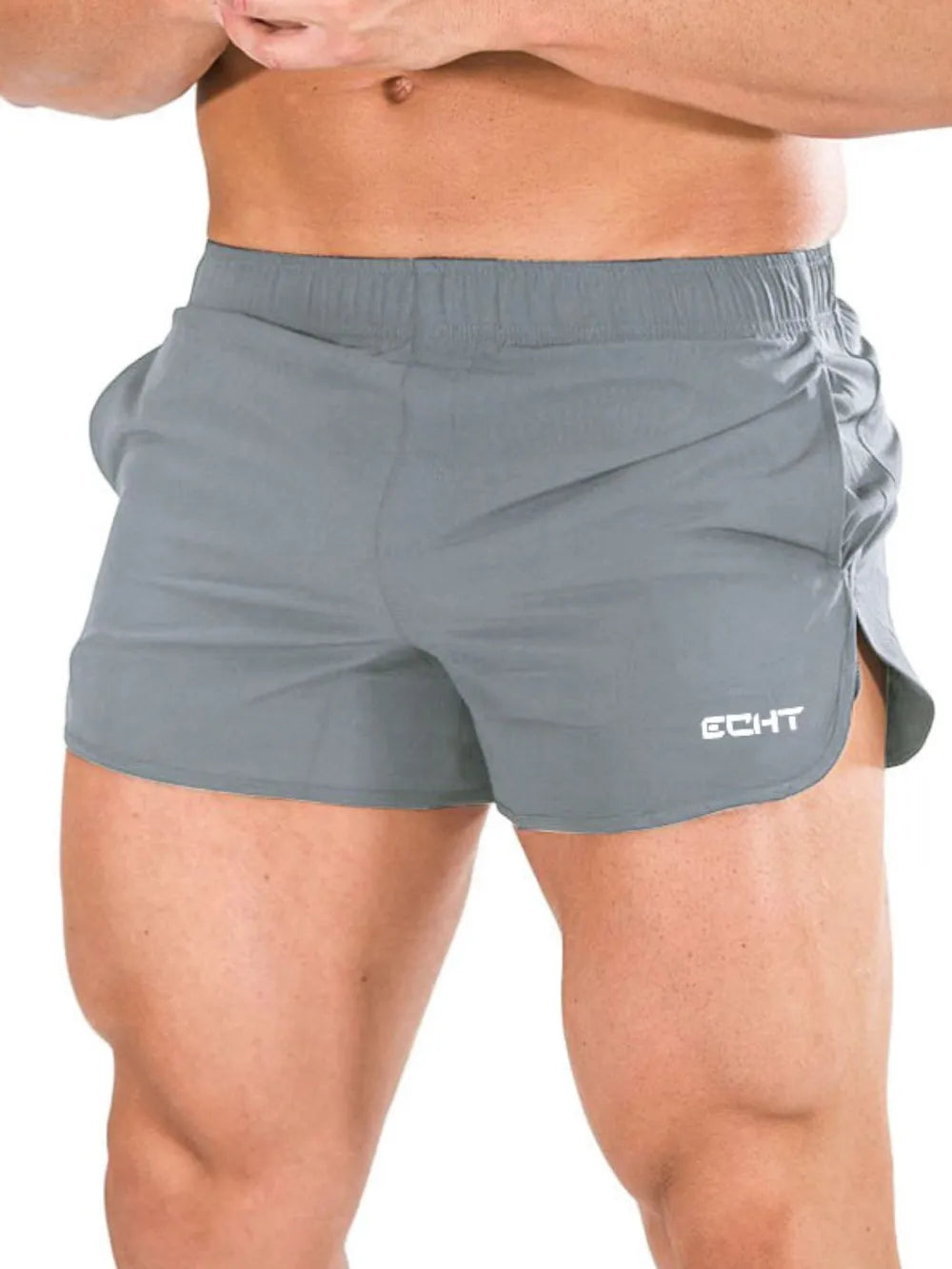 Gray athletic shorts with quick-dry fabric and a sculpted fit.