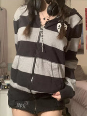 Striped Zip-up Hoodie in Black, side view